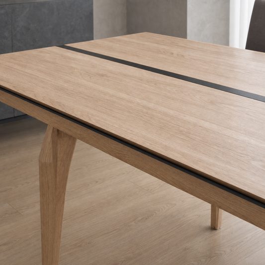 Lark - Wooden Top Dining Table, close tabletop and construction detail