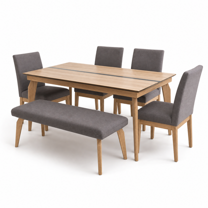 Lark - Wooden Top Dining Table, complete set front three-quarter studio view