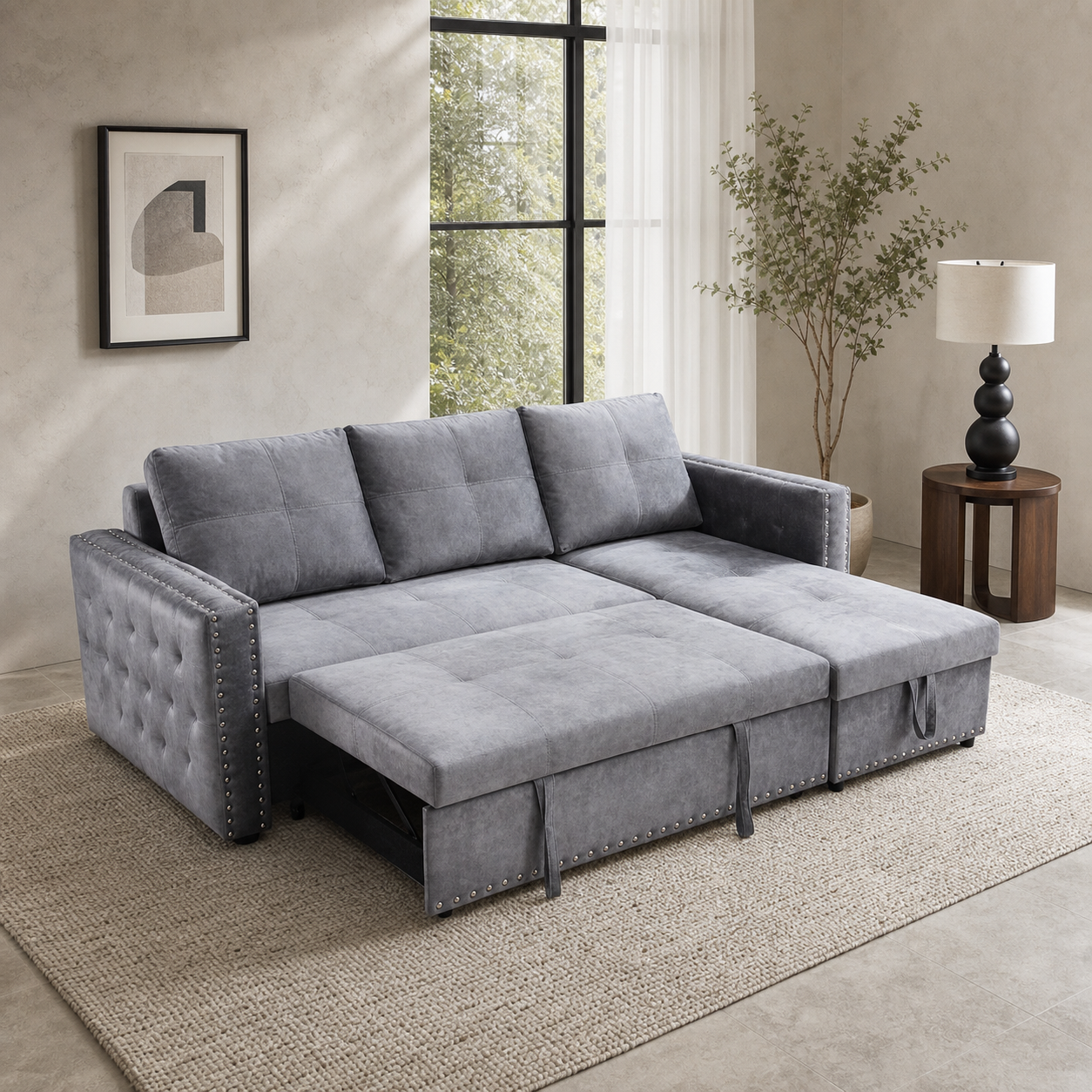 Laron - Sofa bed, fully open sofa-bed hero in a contemporary living room