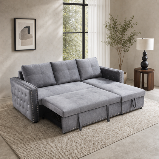 Laron - Sofa bed, fully open sofa-bed hero in a contemporary living room