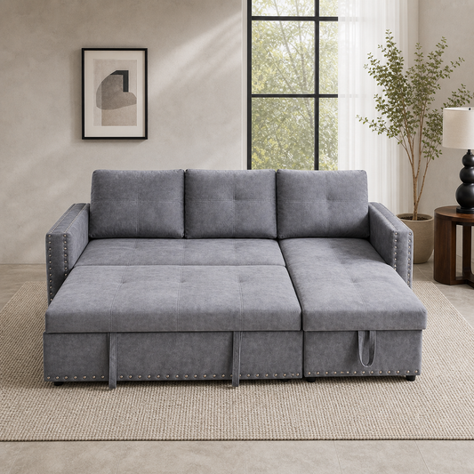 Laron - Sofa bed, front view verifying the fully open footprint