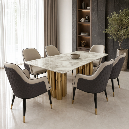 Levi - Dining Table Marble Top, complete front three-quarter dining view in a contemporary room