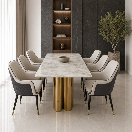 Levi - Dining Table Marble Top, clearly different end-on dining-room view