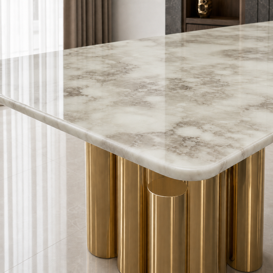 Levi - Dining Table Marble Top, close tabletop and construction detail