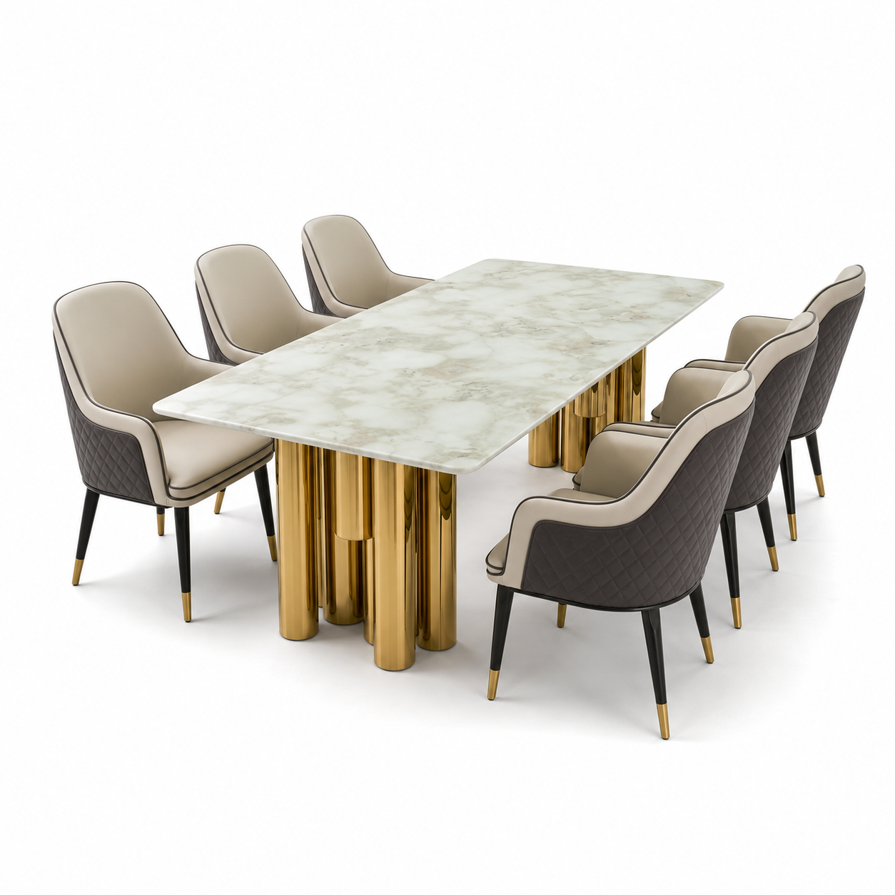Levi - Dining Table Marble Top, complete set front three-quarter studio view