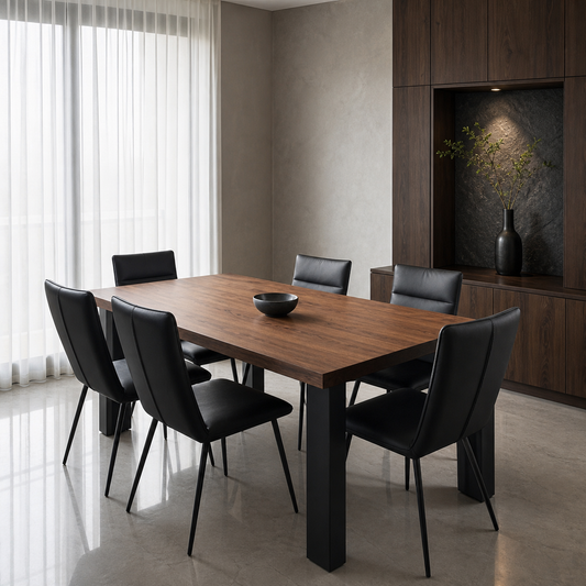 Livi - Wooden Top Dining Table, complete front three-quarter dining view in a contemporary room