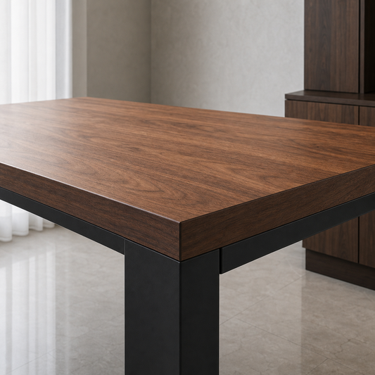 Livi - Wooden Top Dining Table, close tabletop and construction detail