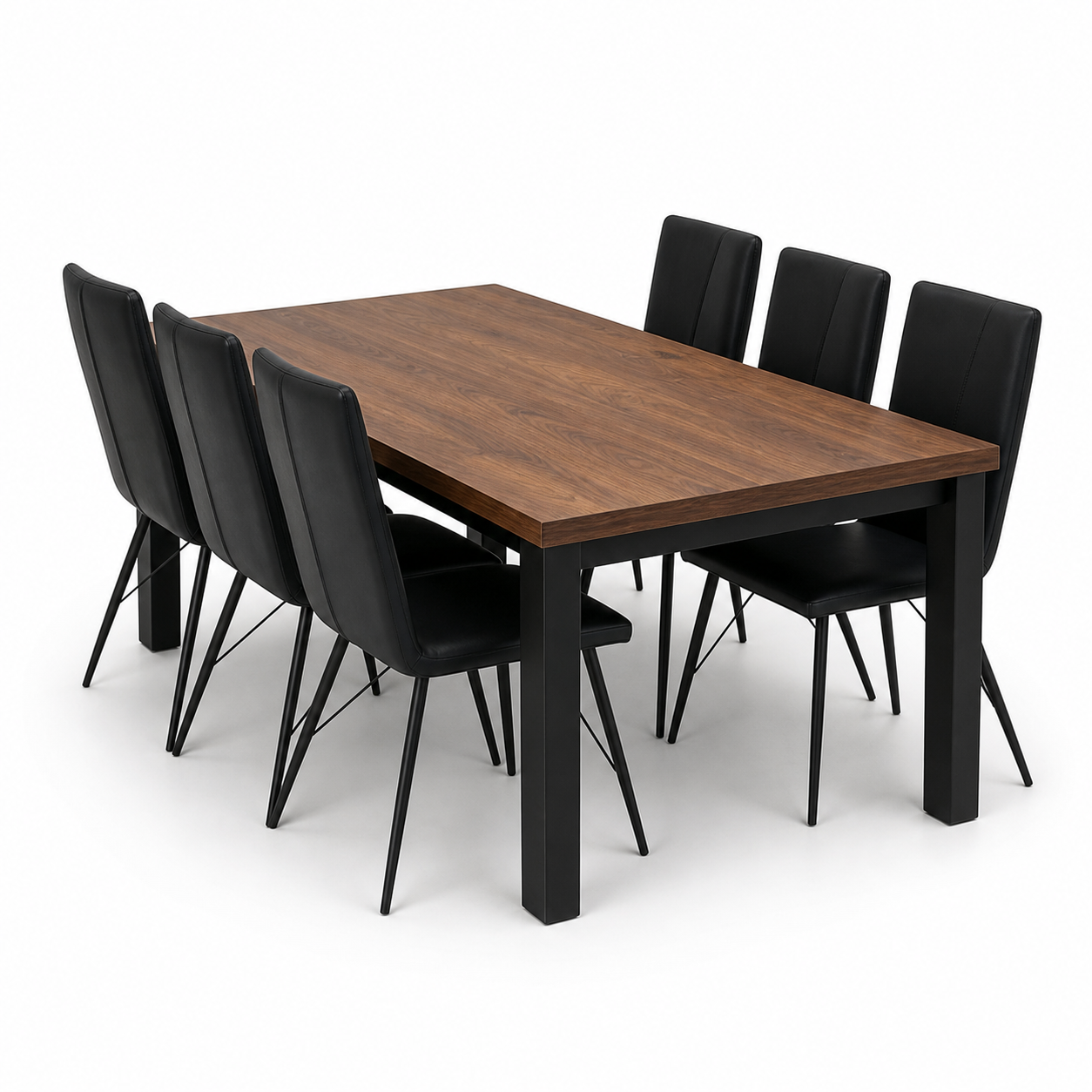 Livi - Wooden Top Dining Table, complete set front three-quarter studio view