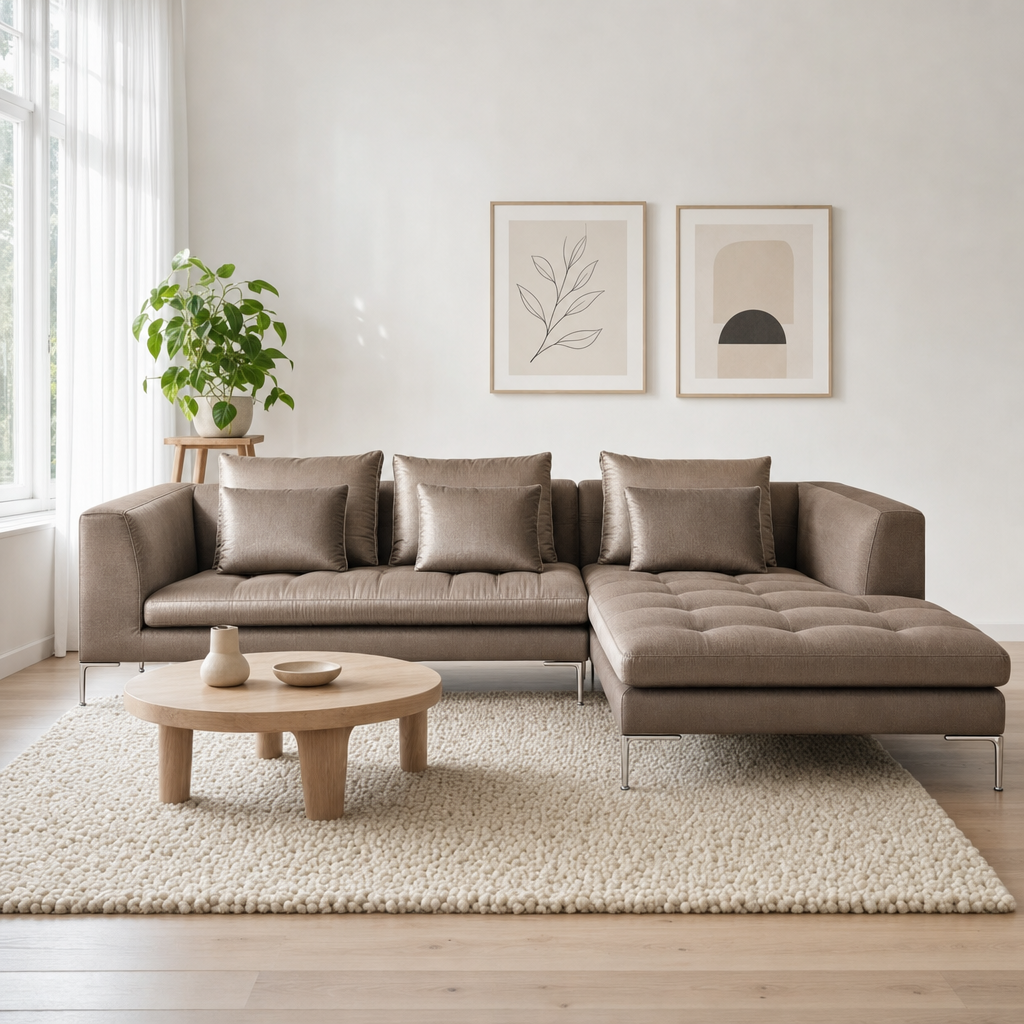 Iris - L shape sectional sofa in shimmering taupe-bronze satin fabric, front view in a modern living room