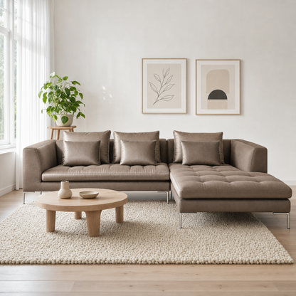 Iris - L shape sectional sofa in shimmering taupe-bronze satin fabric, front view in a modern living room