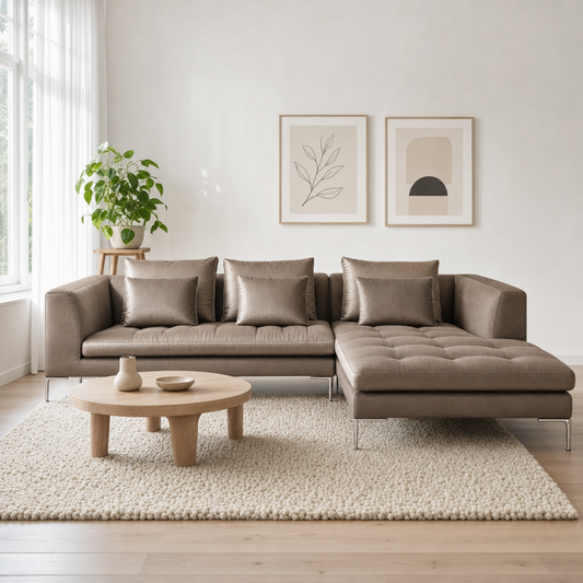 Iris - L shape sectional sofa in shimmering taupe-bronze satin fabric, front view in a modern living room