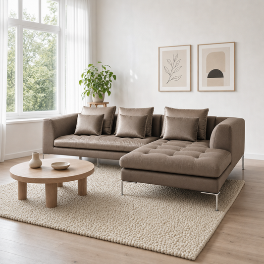 Iris - L shape sectional sofa, three-quarter view showing the chaise and depth