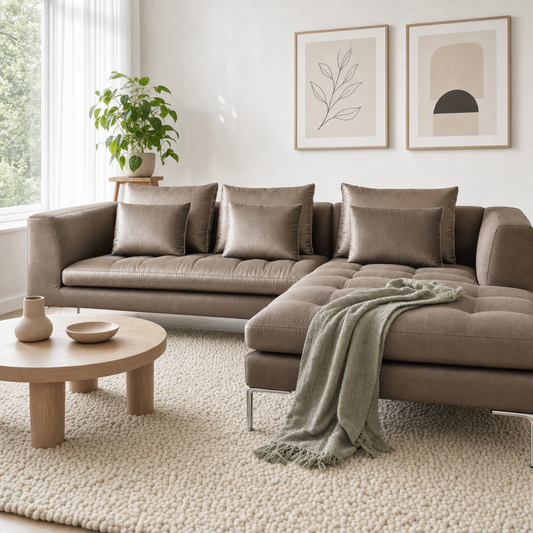 Iris - L shape sectional sofa styled with a sage-green throw