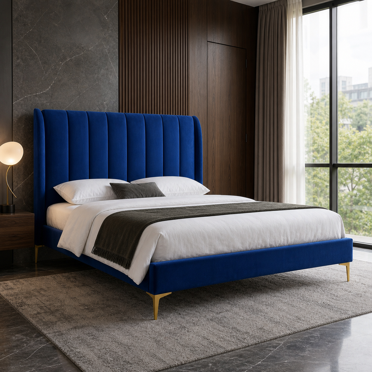 Lux - Bed, closer made-bed view showing the complete frame construction