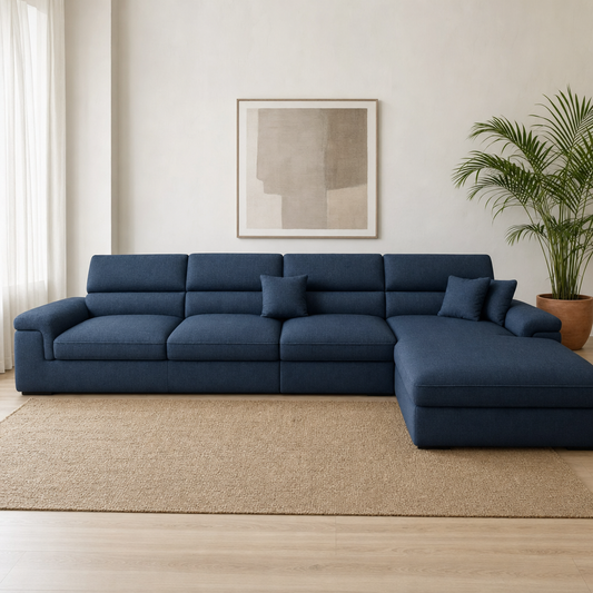 Luxe - L shape sectional sofa in deep navy-blue linen-weave fabric, front view in a modern living room