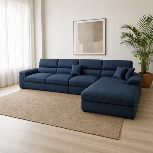 Luxe - L shape sectional sofa, three-quarter view showing the chaise and depth