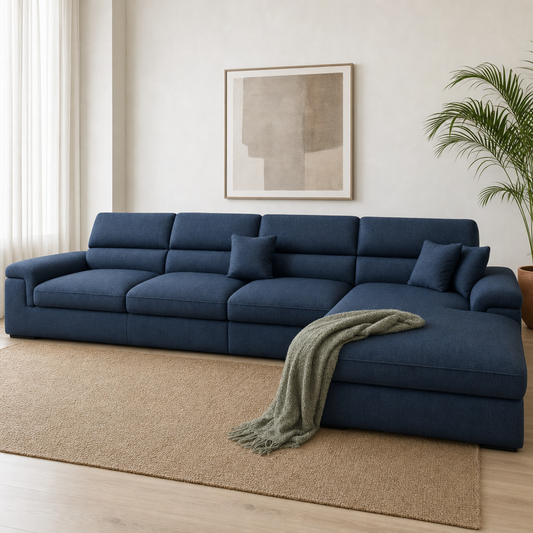 Luxe - L shape sectional sofa styled with a sage-green throw