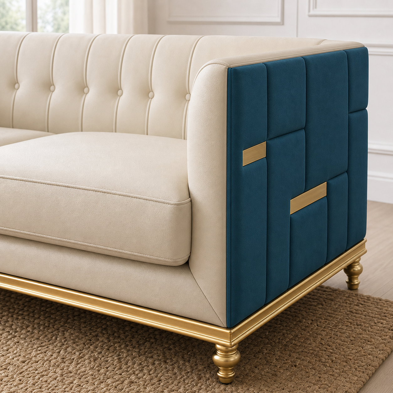 Detail view of Aster - 3+2+1 Sofa Set upholstery, seams, base, and legs