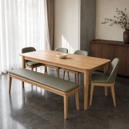 Mabel - Wooden Top Dining Table, complete front three-quarter dining view in a contemporary room