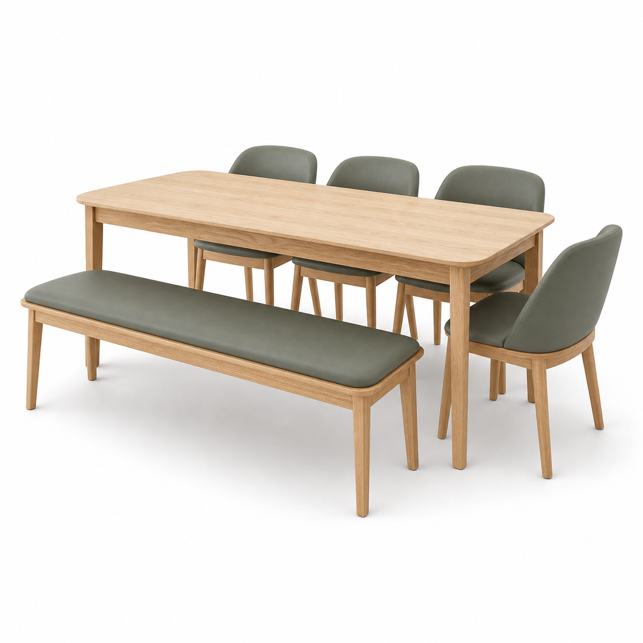 Mabel - Wooden Top Dining Table, complete set front three-quarter studio view