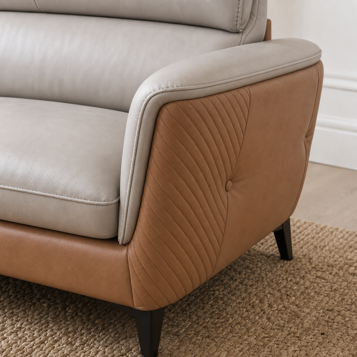 Detail view of Maven - 3+2+1 Sofa Set upholstery, seams, base, and legs