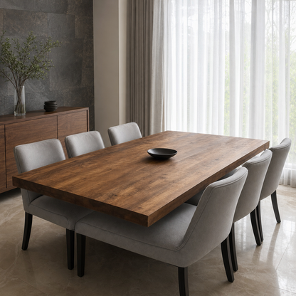 Miles - Wooden Top Dining Table, complete front three-quarter dining view in a contemporary room