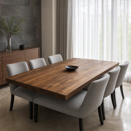 Miles - Wooden Top Dining Table, complete front three-quarter dining view in a contemporary room