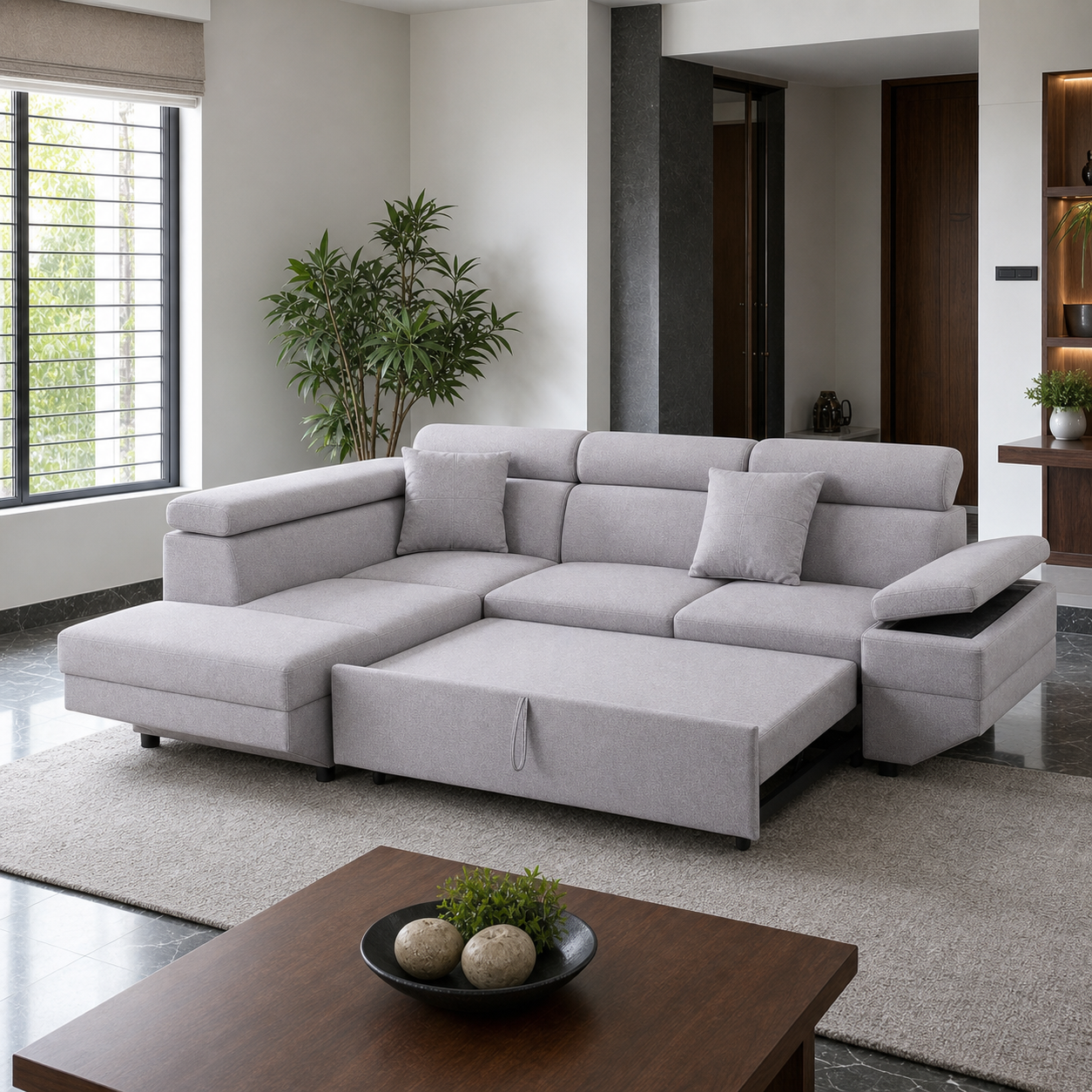 Miroz - Sofa bed, front view verifying the source-proven open footprint