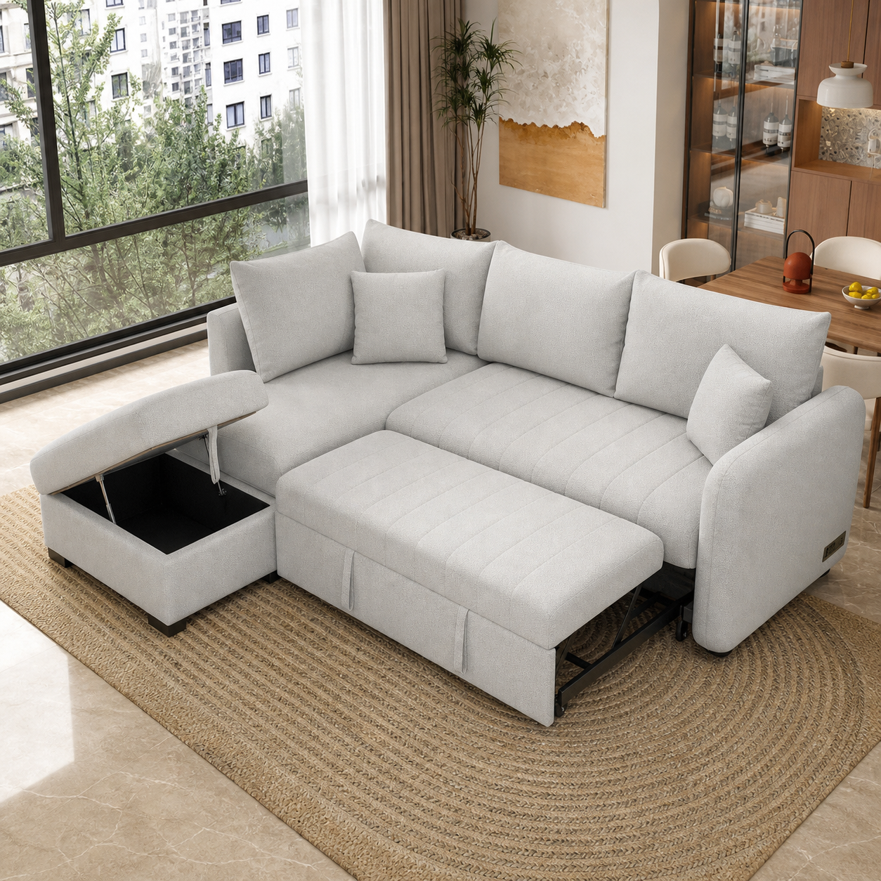 Rynor - Sofa bed, fully open sofa-bed hero in a contemporary living room