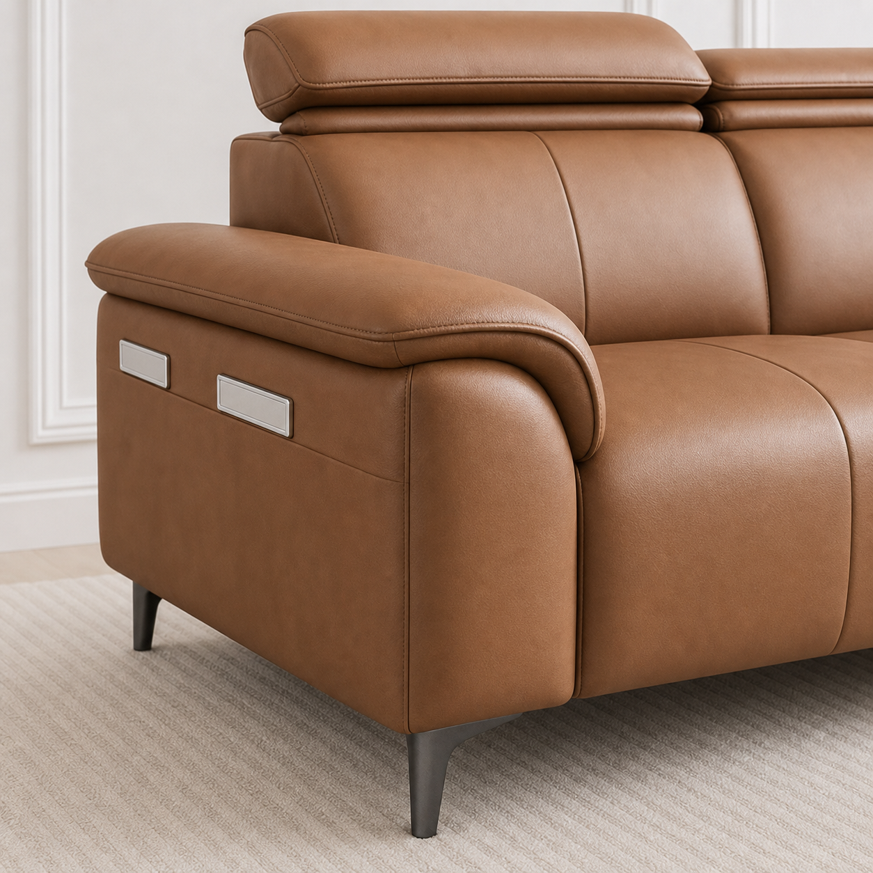 Detail view of Mirth - 3+2+1 Sofa Set upholstery, seams, base, and legs