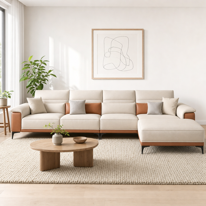 Muse - L shape sectional sofa in ivory-cream with terracotta-tan accents (two-tone leathaire), front view in a modern living room
