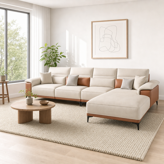 Muse - L shape sectional sofa, three-quarter view showing the chaise and depth