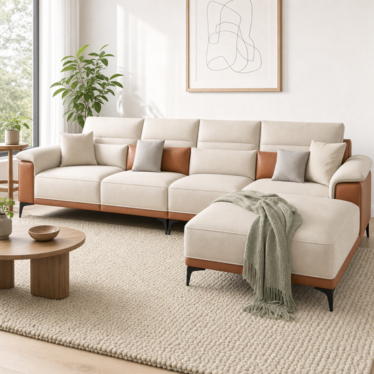 Muse - L shape sectional sofa styled with a sage-green throw