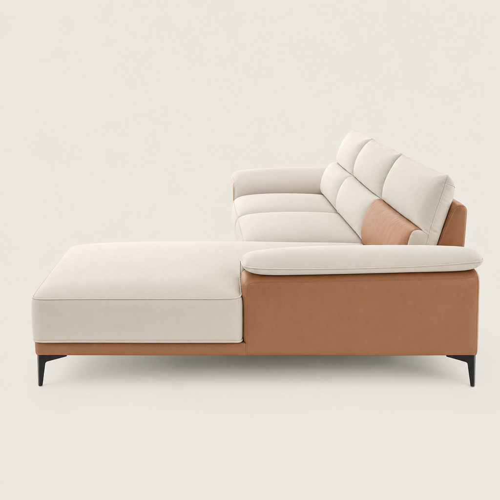 Muse - L shape sectional sofa, chaise-end profile studio view