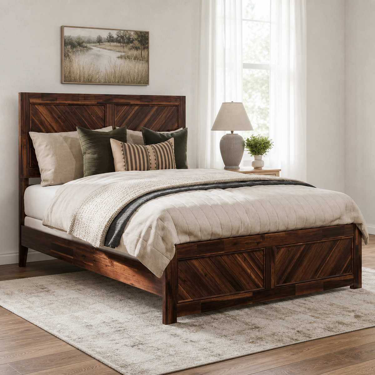 Nara - Bed, complete front three-quarter bed view in a restrained bedroom