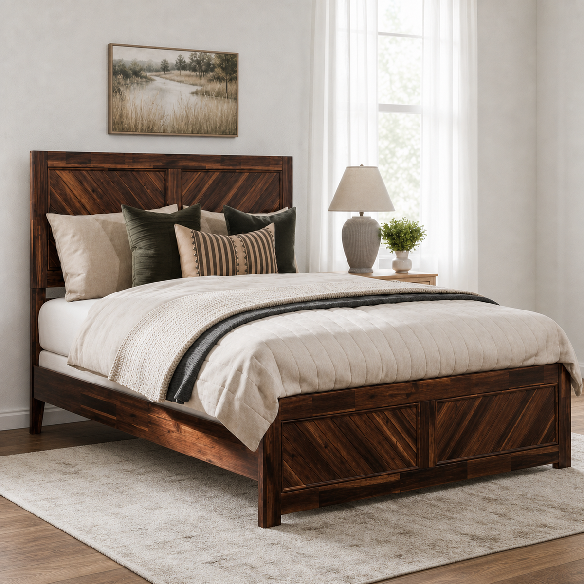 Nara - Bed, closer made-bed view showing the complete frame construction