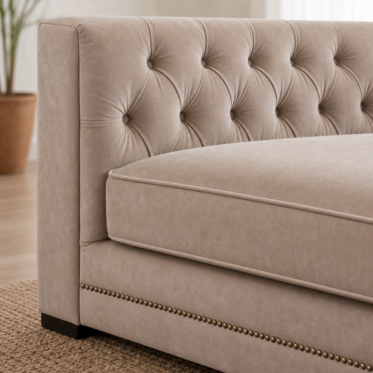 Close-up of the Nero - L shape sectional sofa's upholstery and construction details