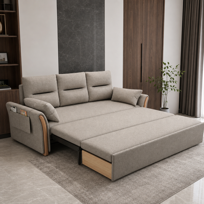 Nesto - Sofa bed, front view verifying the fully open footprint