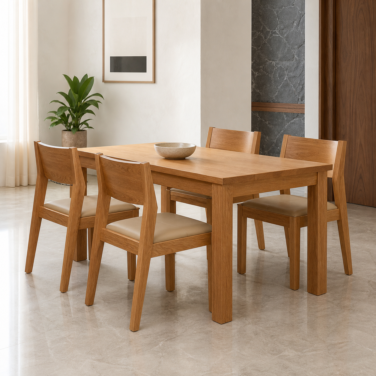Nila - Wooden Top Dining Table, complete front three-quarter dining view in a contemporary room