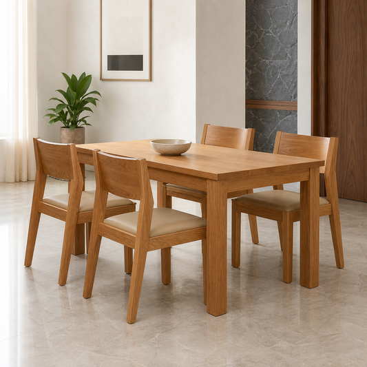 Nila - Wooden Top Dining Table, complete front three-quarter dining view in a contemporary room
