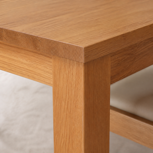 Nila - Wooden Top Dining Table, close tabletop and construction detail
