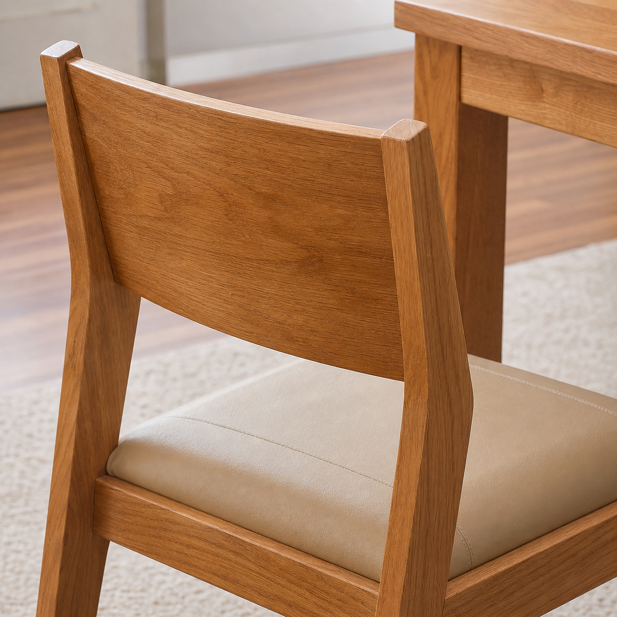 Nila - Wooden Top Dining Table, close chair, seating, or base construction detail