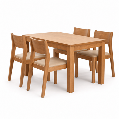 Nila - Wooden Top Dining Table, complete set front three-quarter studio view