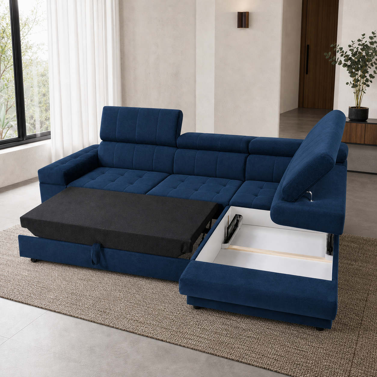 Niora - Sofa bed, front view verifying the fully open footprint