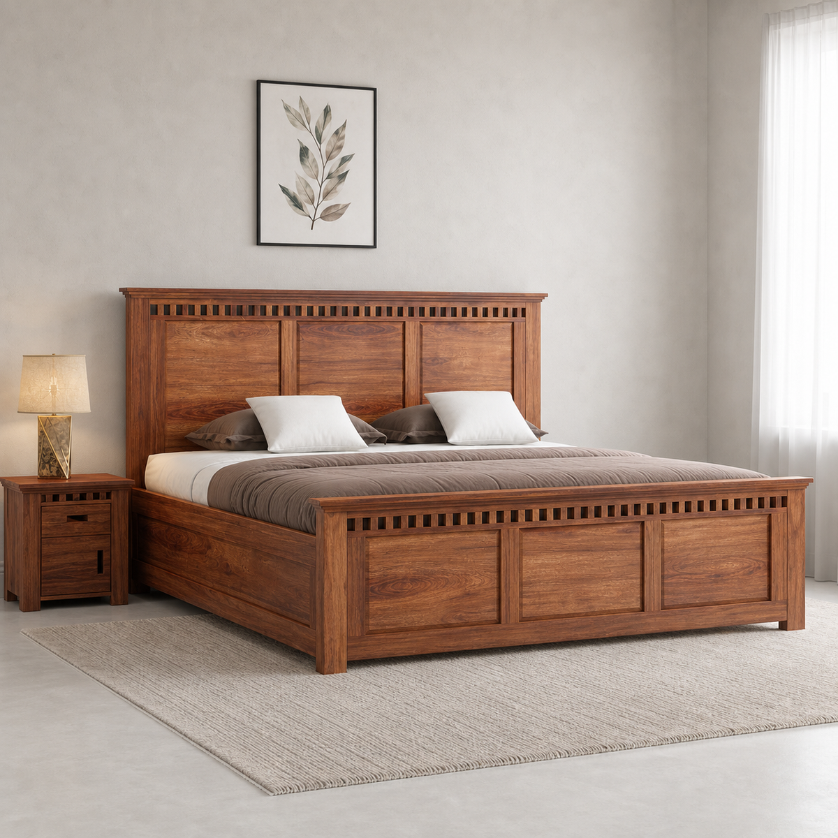 Noam - Bed, complete front three-quarter bed view in a restrained bedroom