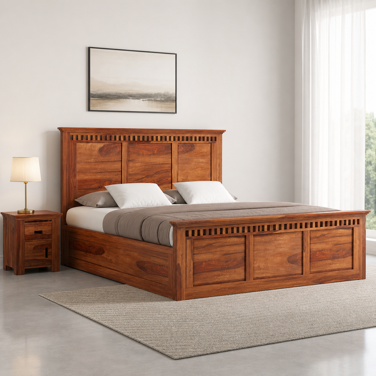 Noam - Bed, closer made-bed view showing the complete frame construction