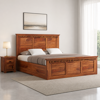 Noam - Bed, closer made-bed view showing the complete frame construction