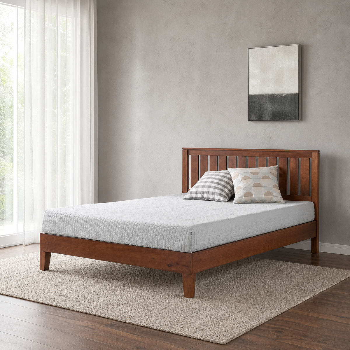 Nolie - Bed, complete front three-quarter bed view in a restrained bedroom