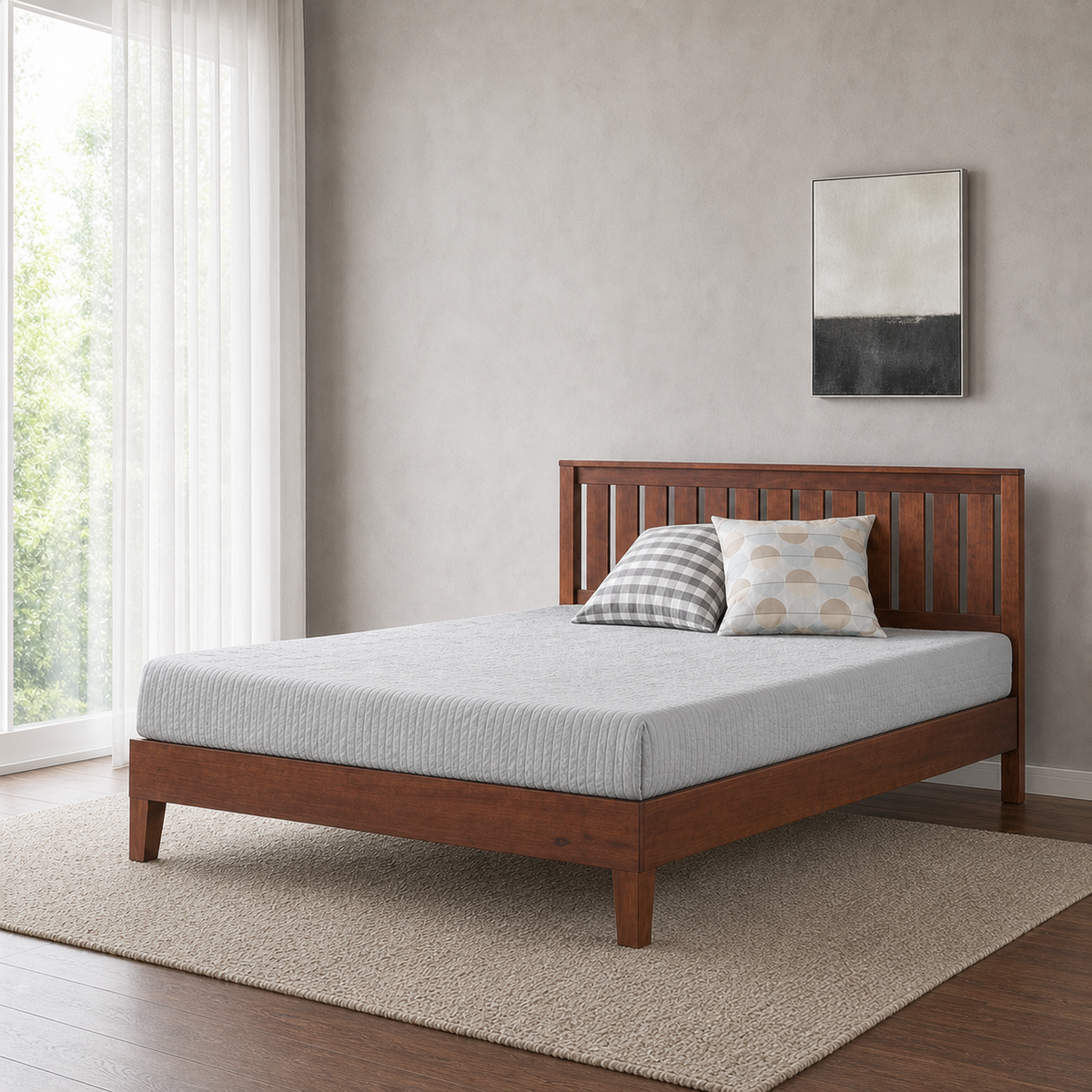 Nolie - Bed, closer made-bed view showing the complete frame construction