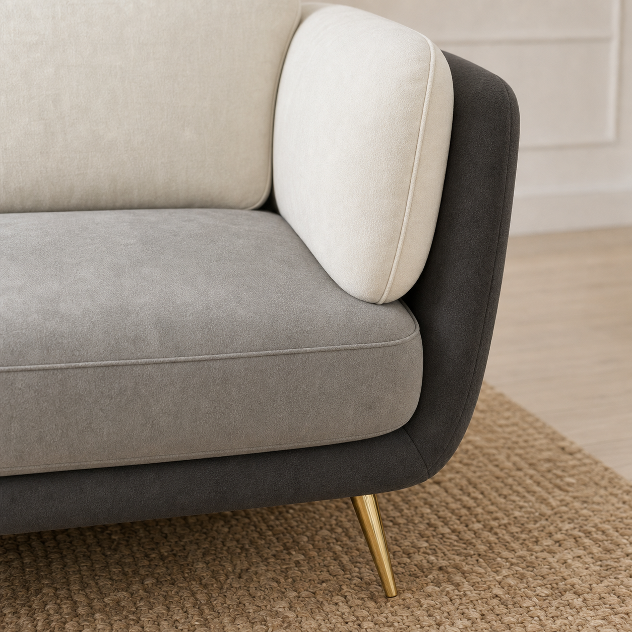 Detail view of Nook - 3+2+1 Sofa Set upholstery, seams, base, and legs
